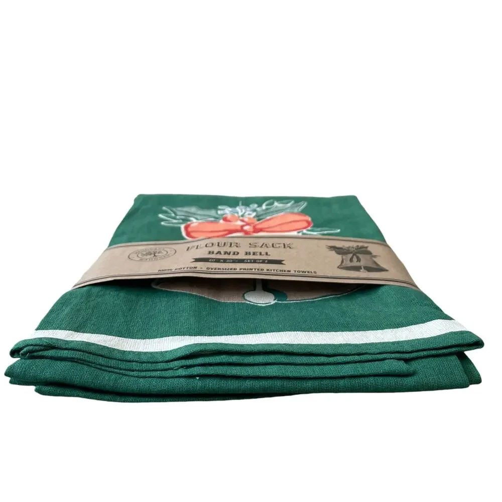 MAHOGANY Set of 2 Holiday Jingle Bell Flour Sack Kitchen Towels Christmas Green